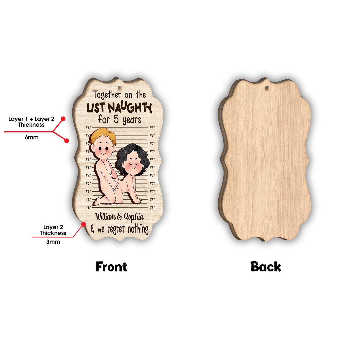 Together On The Naughty List - Personalized Couple 2 Layered Piece Ornament