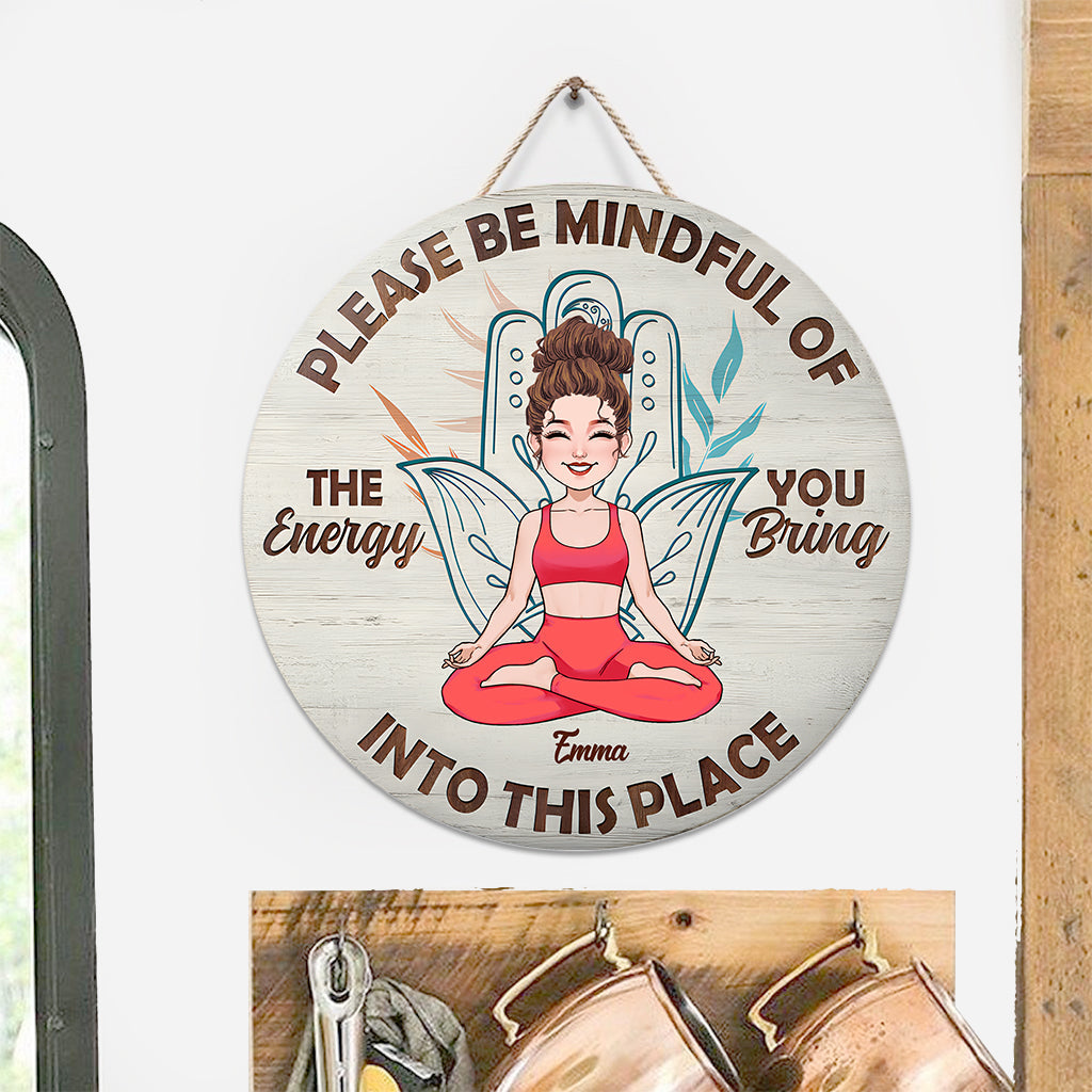 Please Be Mindful - Personalized Yoga Round Wood Sign