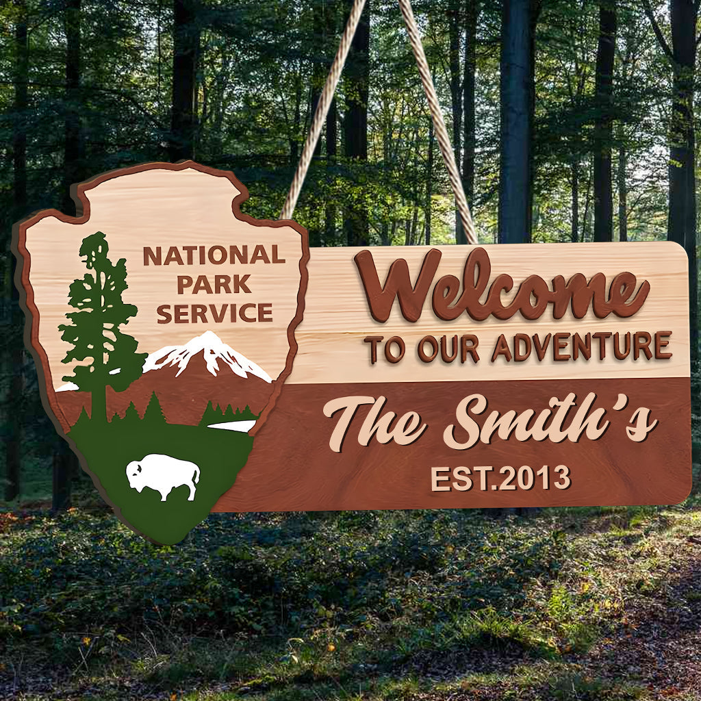 Welcome To Our Adventure - Personalized Hiking Custom Shaped Wood Sign