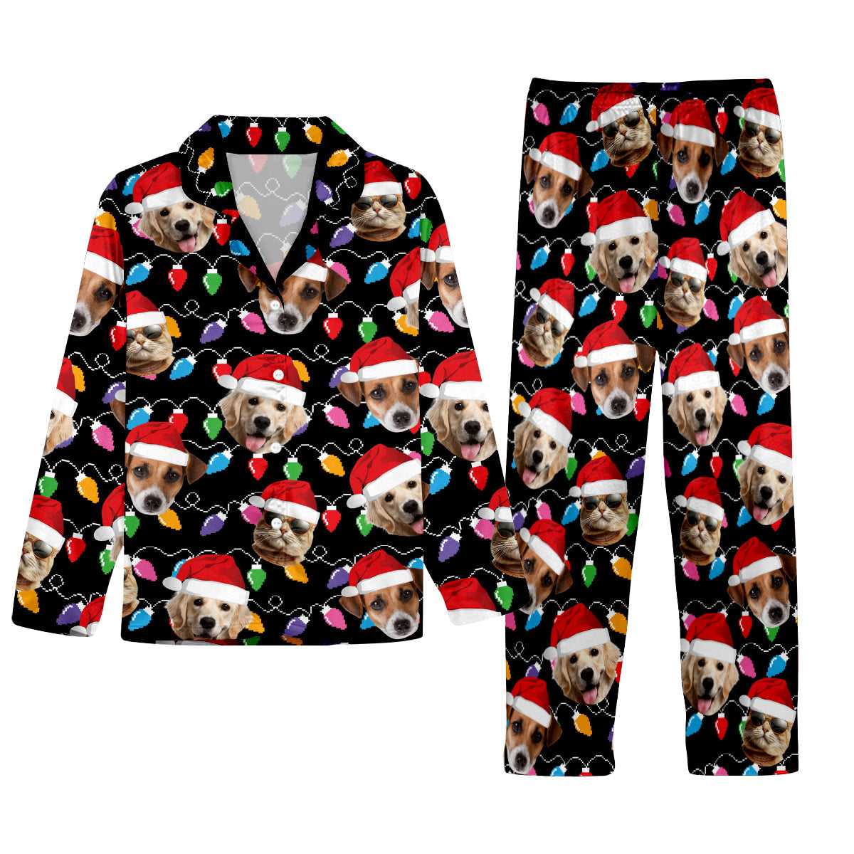 Any Photo Upload Colorful Christmas Light - Personalized Dog Button Down Pajamas