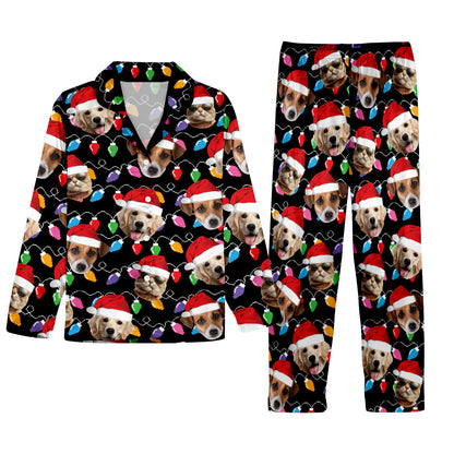 Any Photo Upload Colorful Christmas Light - Personalized Dog Button Down Pajamas