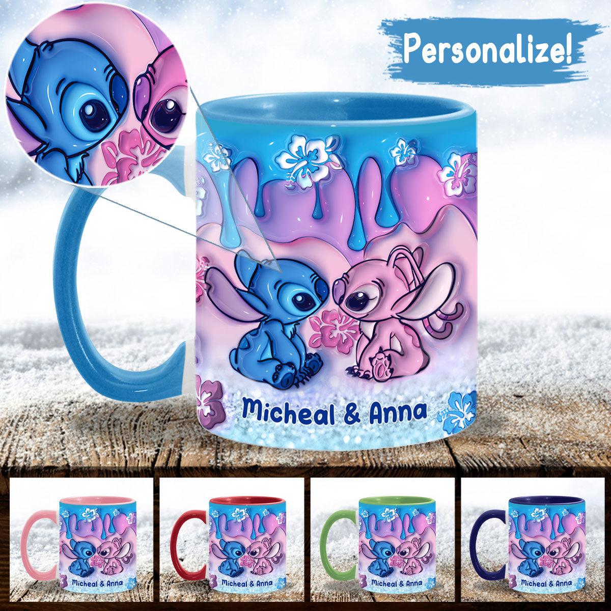 Blue & Pink Ohana Kissing - Personalized Ohana Accent Mug