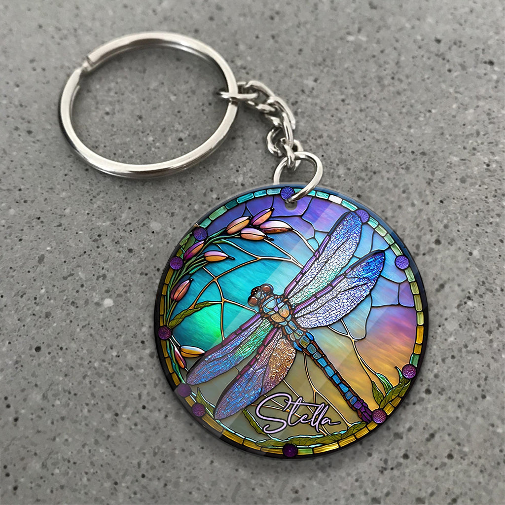 Stained Glass Dragonfly - Personalized Dragonfly Keychain (Printed On Both Sides)