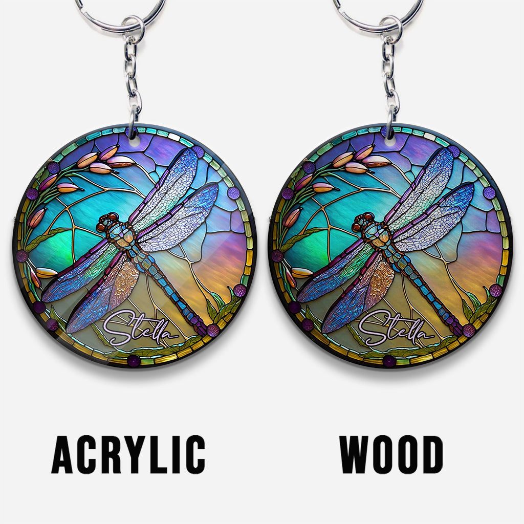 Stained Glass Dragonfly - Personalized Dragonfly Keychain (Printed On Both Sides)
