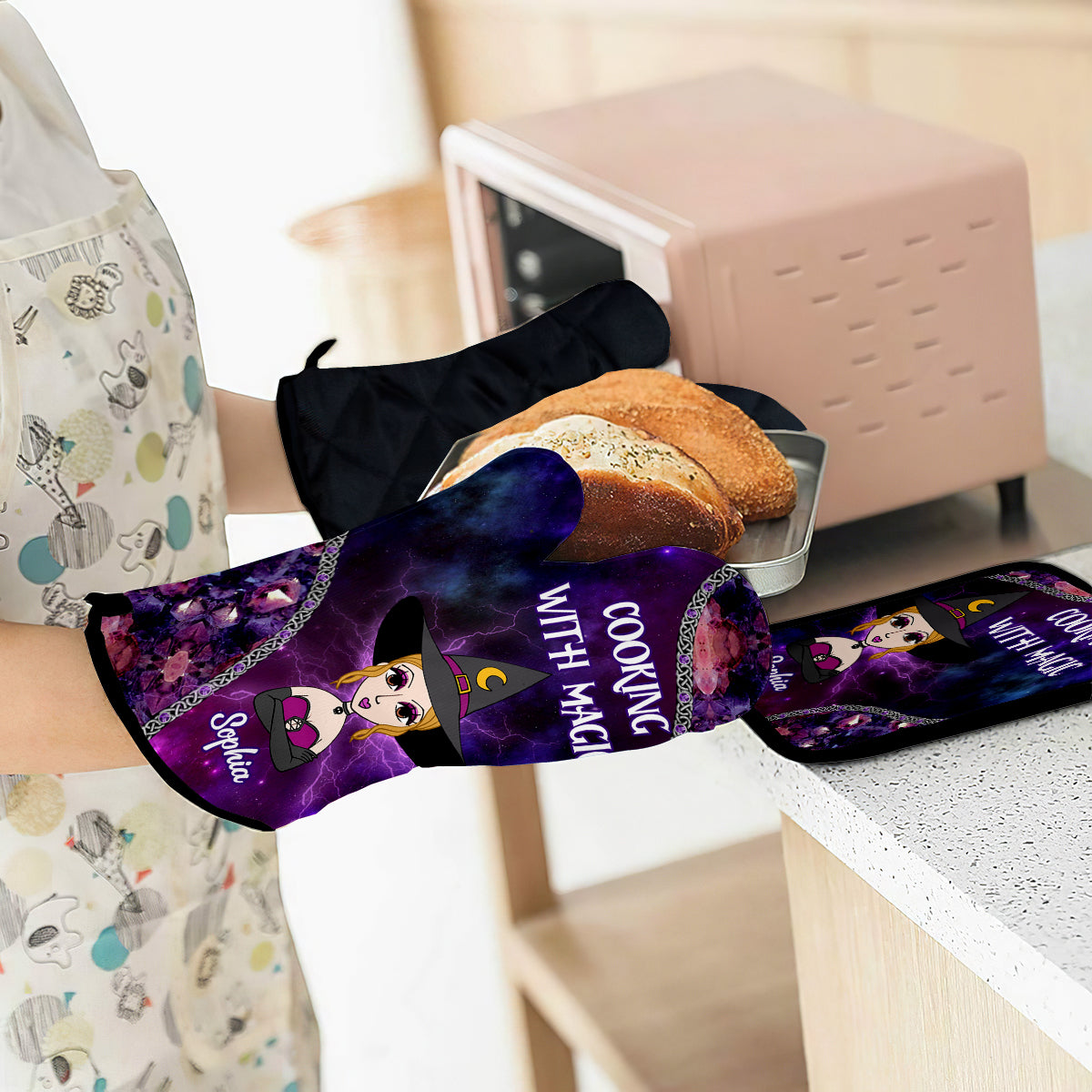 Cooking With Magic - Personalized Witch Oven Mitts & Pot Holder Set