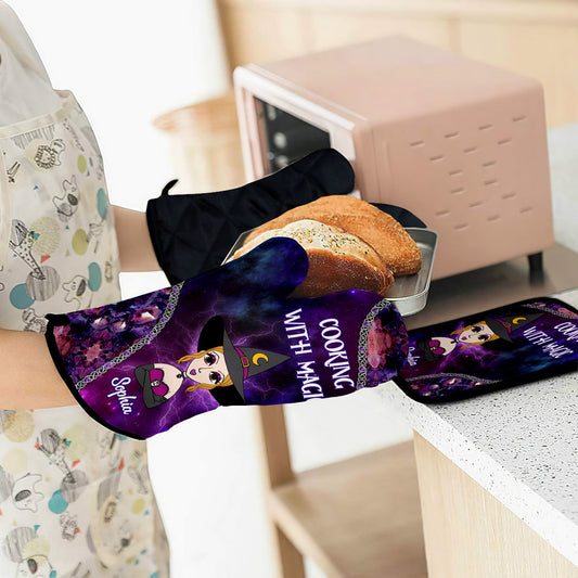 Cooking With Magic - Personalized Witch Oven Mitts & Pot Holder Set