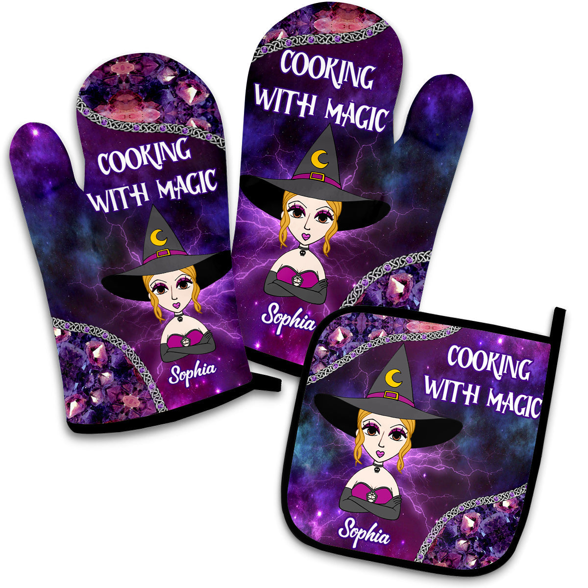 Cooking With Magic - Personalized Witch Oven Mitts & Pot Holder Set