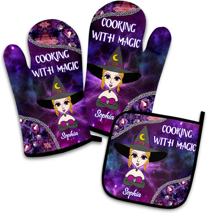 Cooking With Magic - Personalized Witch Oven Mitts & Pot Holder Set