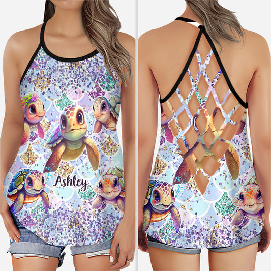 Salty Little Beach - Personalized Turtle Cross Tank Top