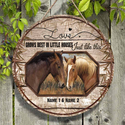 Love Grows Best - Personalized Couple Horse Round Wood Sign