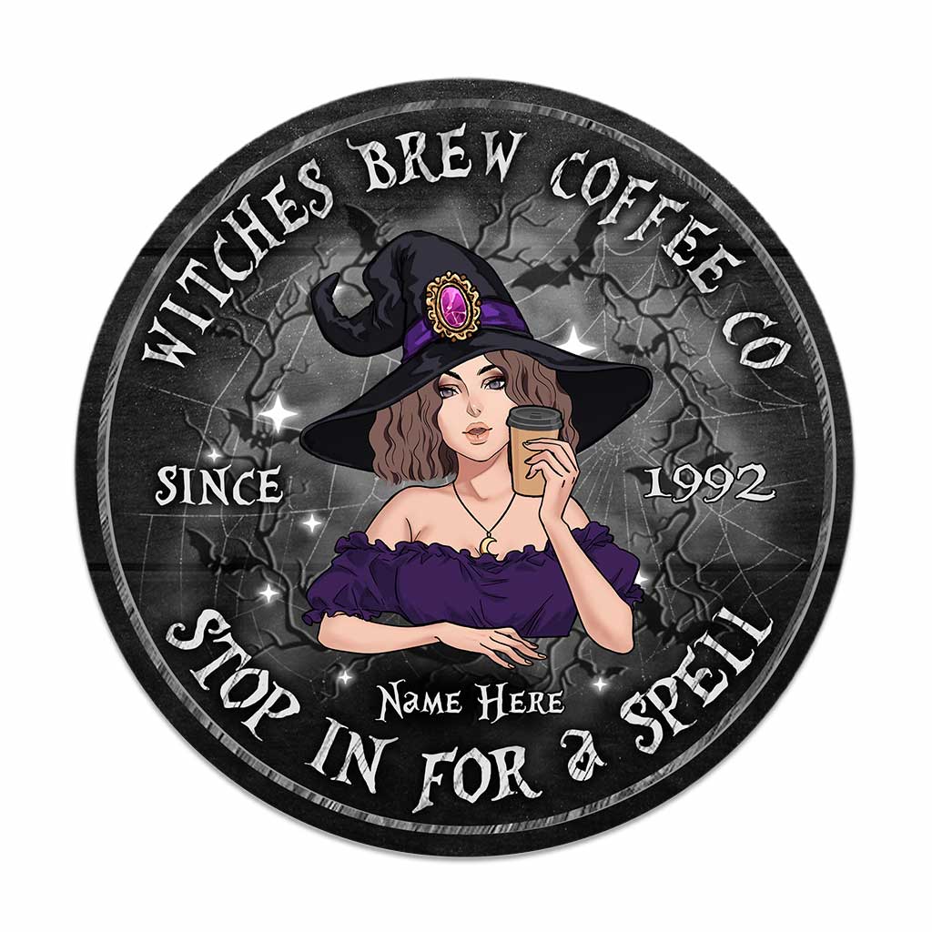 Stop In For A Spell - Personalized Halloween Witch Round Wood Sign