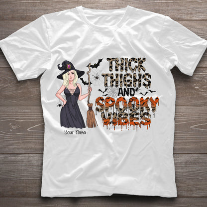 Thick Thighs And Spooky Vibes - Personalized Witch T-shirt and Hoodie