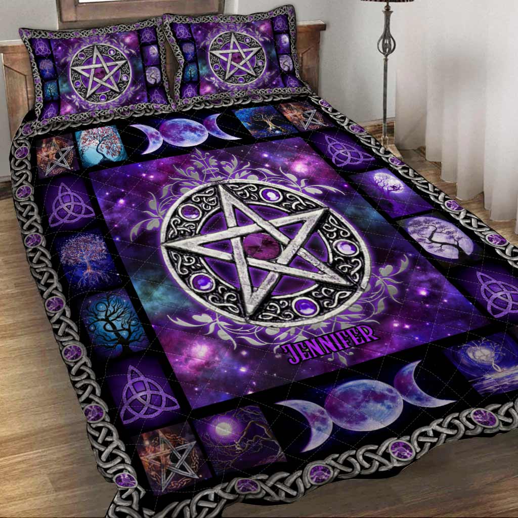 Purple Pentagram Triple Moon - Personalized Witch Quilt Set