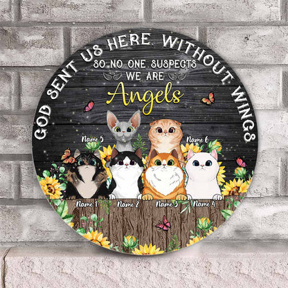God Sent Us Without Wings - Personalized Cat Round Wood Sign