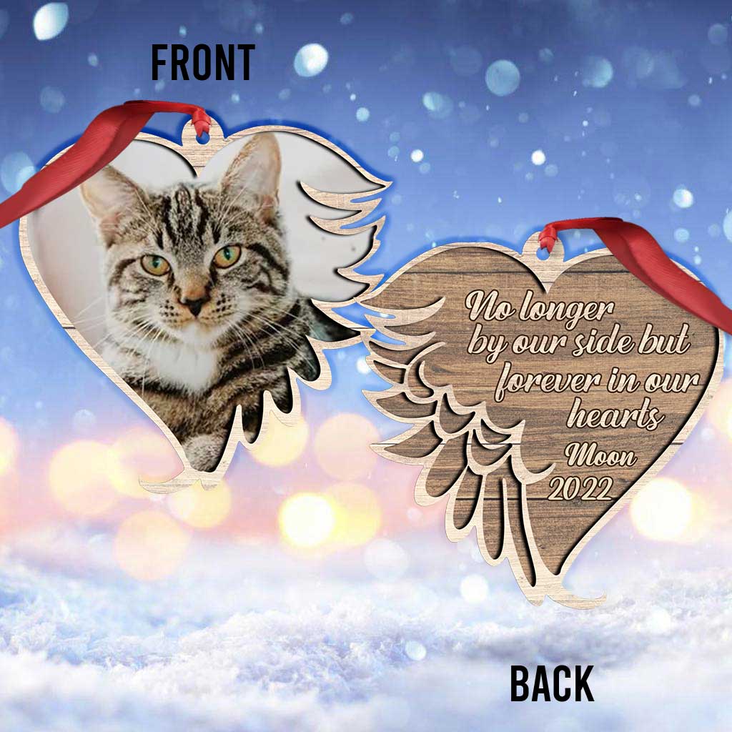 No Longer By Our Side But Forever In Our Hearts - Personalized Christmas Cat Ornament (Printed On Both Sides)