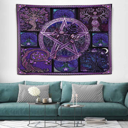Magical Witch Pentagram Roses - Witch Wall Tapestry