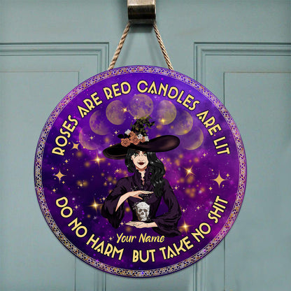 Roses Are Red Candles Are Lit - Personalized Witch Round Wood Sign