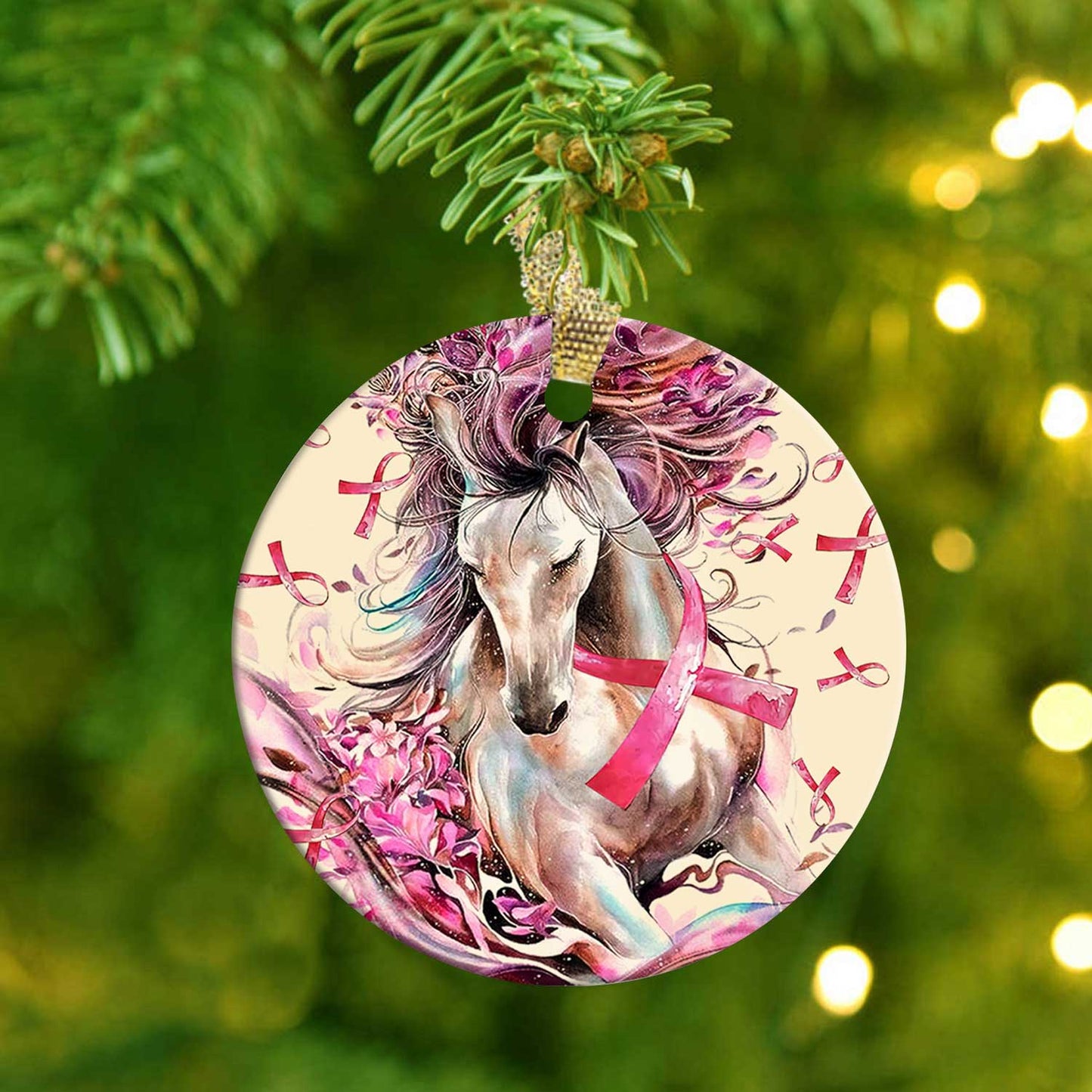 Horse Breast Cancer Circle - Horse Ornament (Printed On Both Sides) 1022
