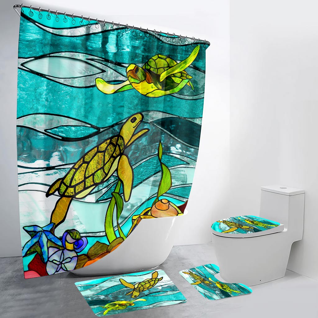Turtle Lover Beach Soul Ocean Vibes - Turtle Bathroom Curtain & Mats Set