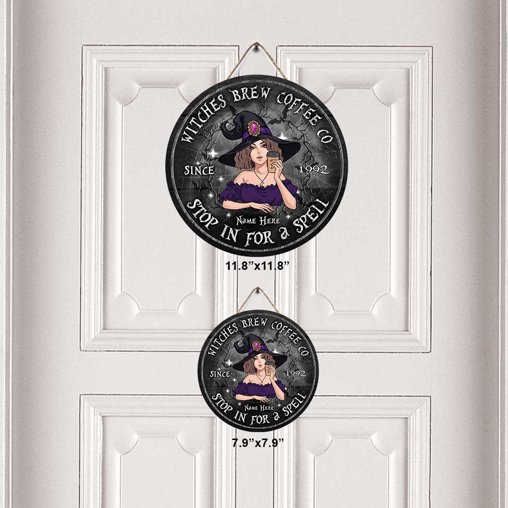 Stop In For A Spell - Personalized Halloween Witch Round Wood Sign