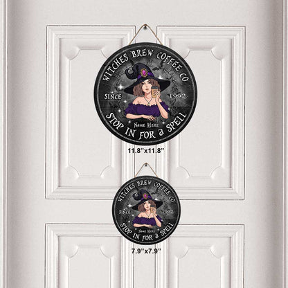 Stop In For A Spell - Personalized Halloween Witch Round Wood Sign