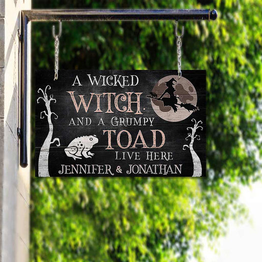 Wicked Witch Grumpy Toad Live Here - Personalized Witch Horizontal Rectangle Wood Sign