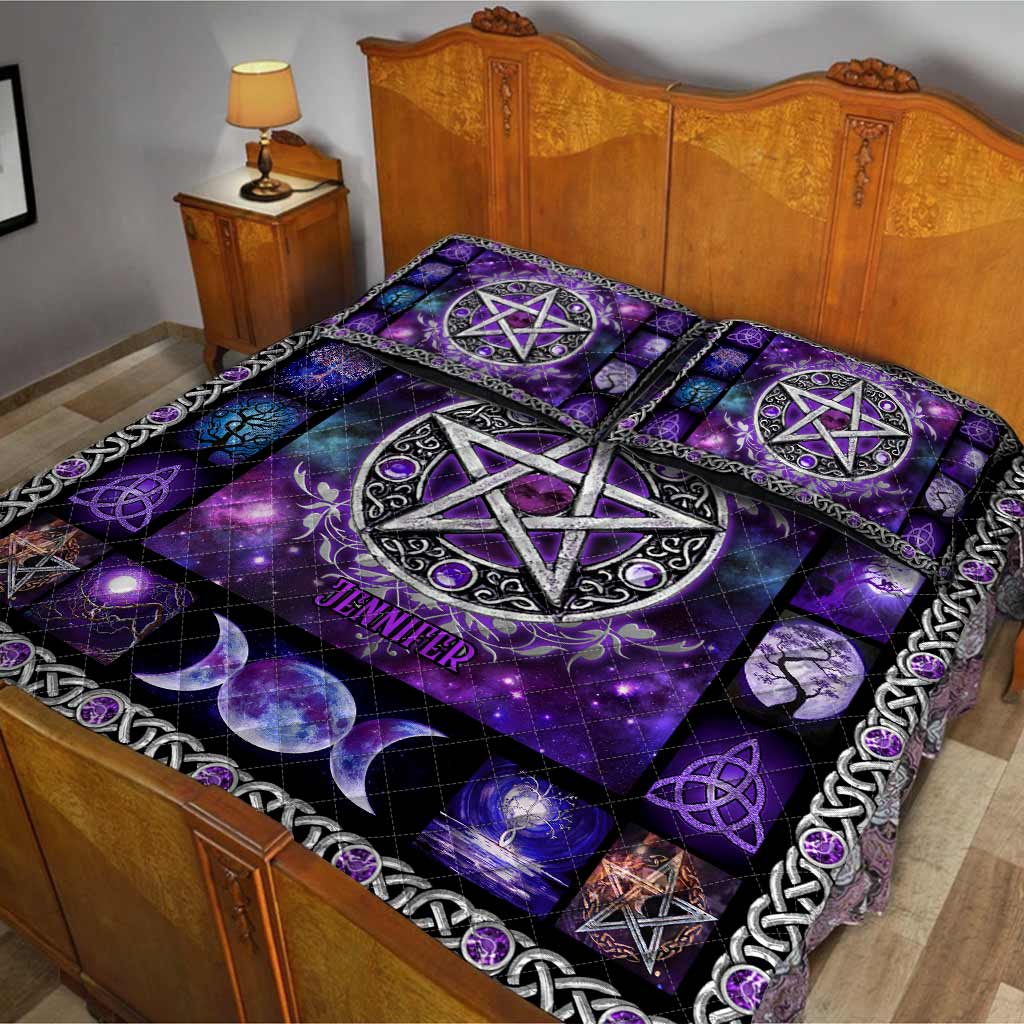 Purple Pentagram Triple Moon - Personalized Witch Quilt Set