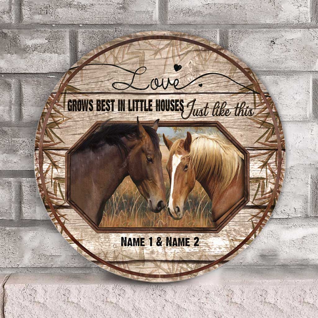 Love Grows Best - Personalized Couple Horse Round Wood Sign