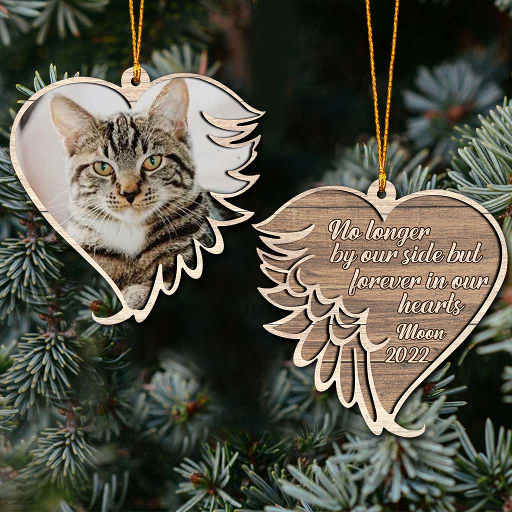 No Longer By Our Side But Forever In Our Hearts - Personalized Christmas Cat Ornament (Printed On Both Sides)