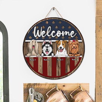 Welcome - Personalized Independence Day Dog Round Wood Sign