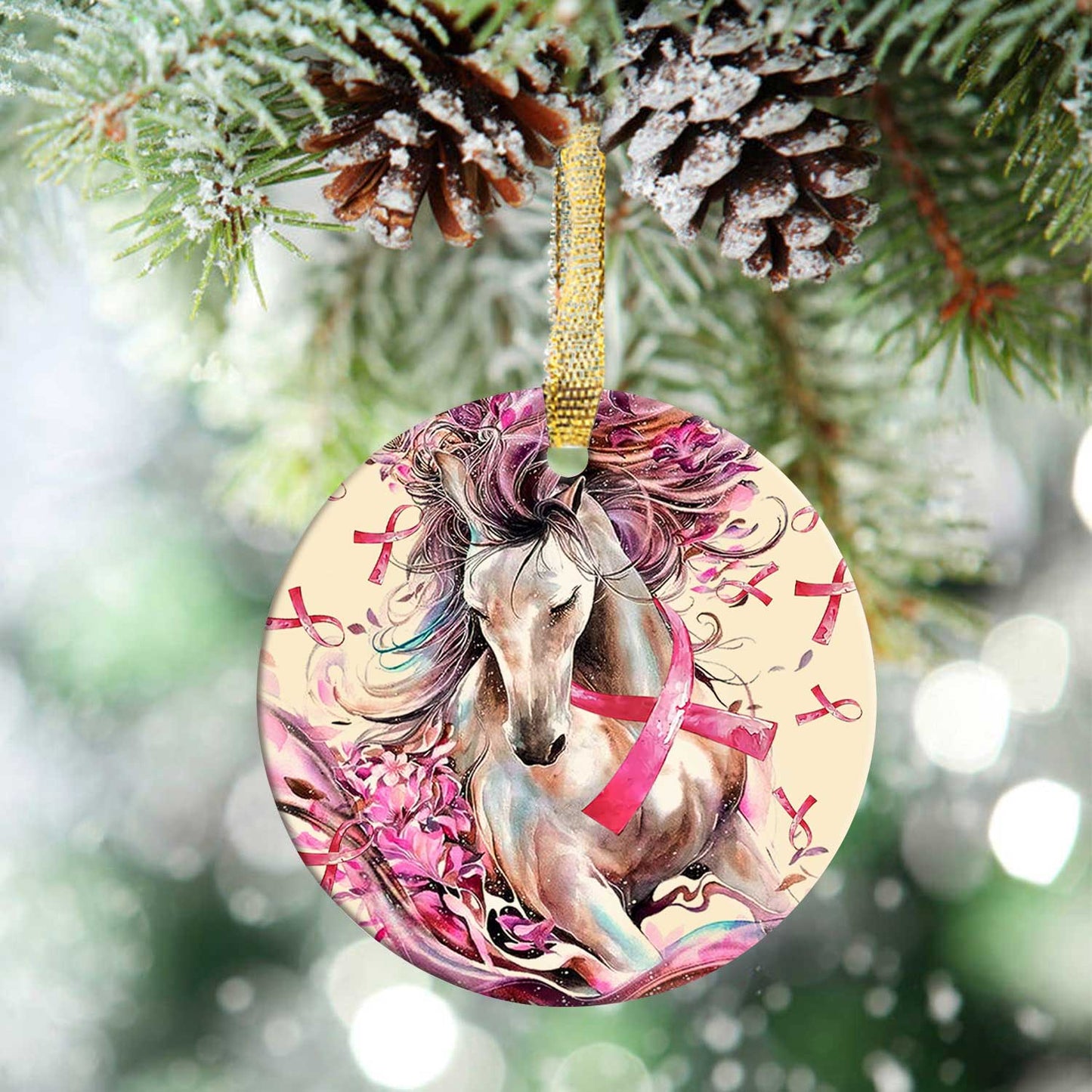 Horse Breast Cancer Circle - Horse Ornament (Printed On Both Sides) 1022