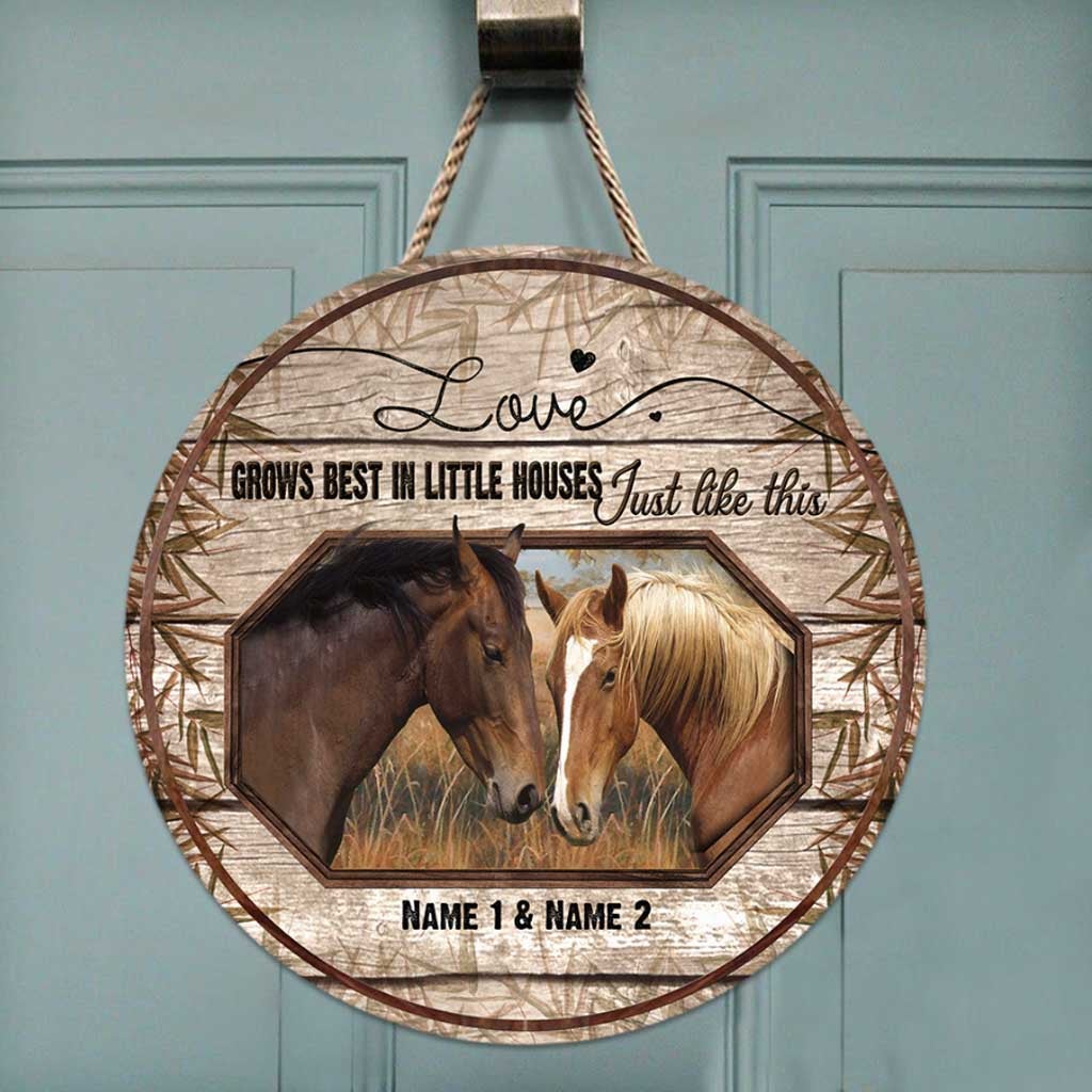 Love Grows Best - Personalized Couple Horse Round Wood Sign