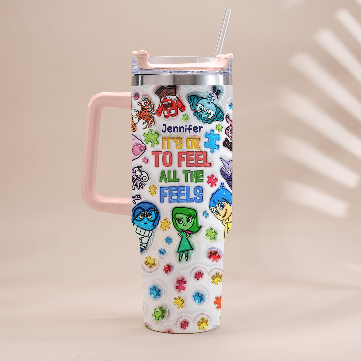 It's Ok To Feel All The Feels - Personalized Autism Awareness Tumbler With Handle