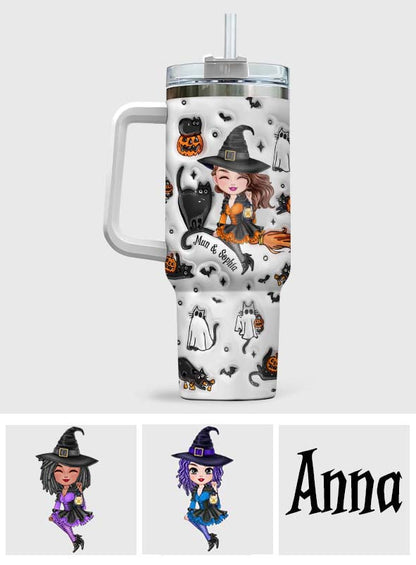 Cute Witch Halloween Ghost Boo Cat - Personalized Witch Tumbler With Handle
