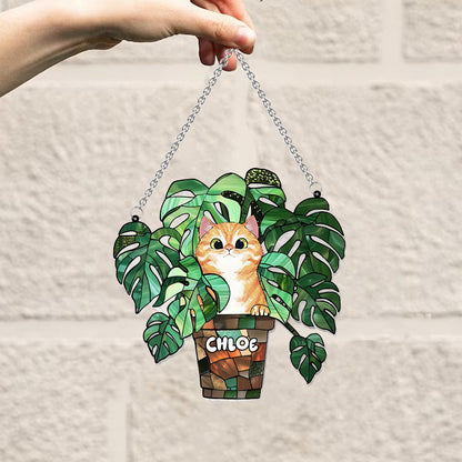 Peeking Cat And Monstera - Personalized Cat Window Hanging Suncatcher Ornament