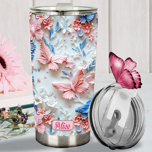 Pink And Blue Butterflies - Personalized Butterfly Tumbler