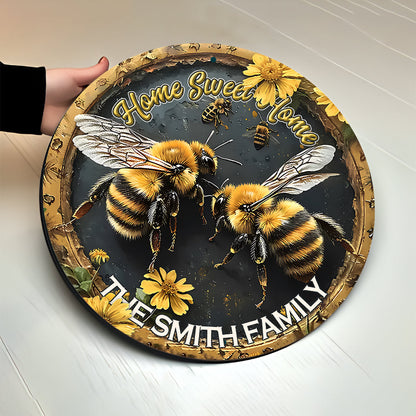 Home Sweet Home - Personalized Bee Round Wood Sign