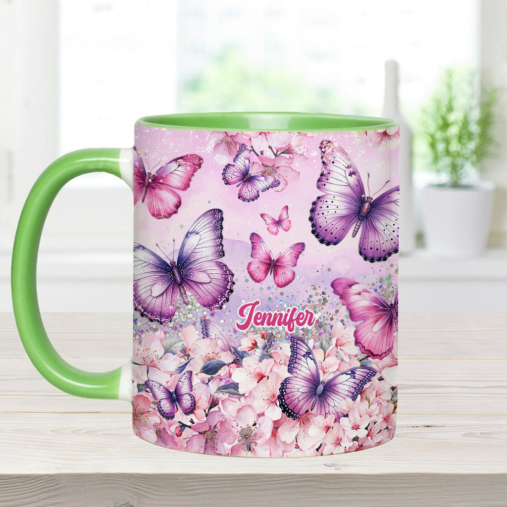 Pink Floral Butterfly - Personalized Butterfly Accent Mug