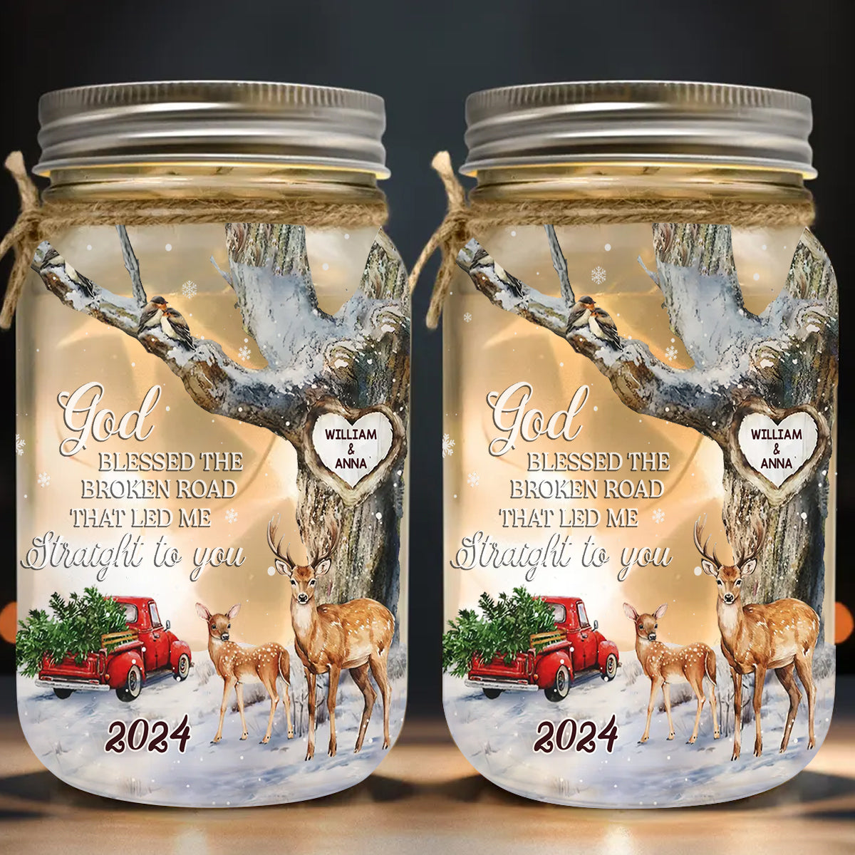 God Blessed The Broken Road - Personalized Couple Mason Jar Light