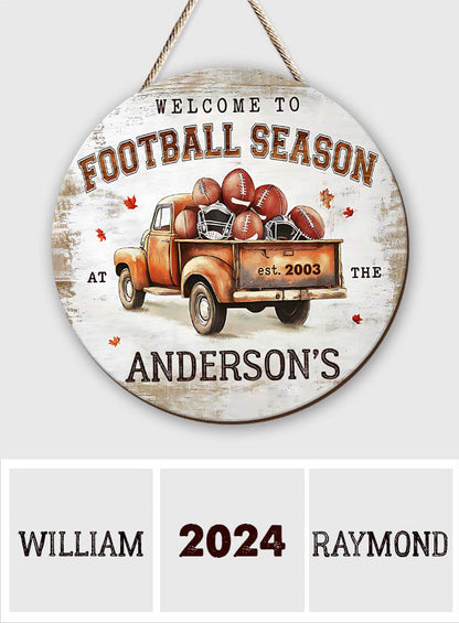 Welcome To Football Season - Personalized Football Round Wood Sign