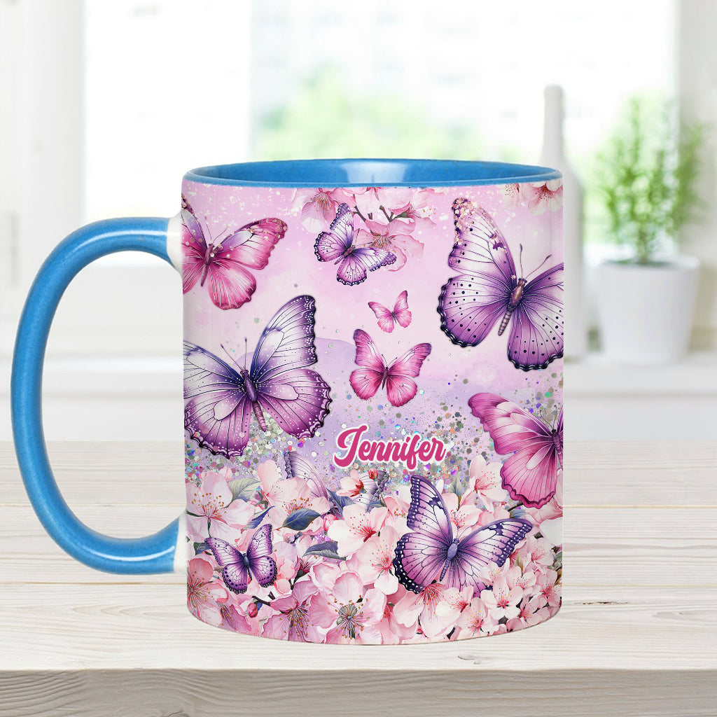 Pink Floral Butterfly - Personalized Butterfly Accent Mug