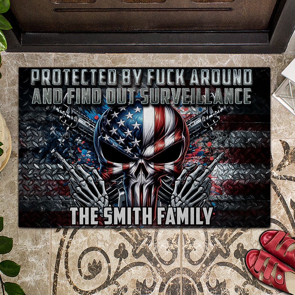 Protected by Fck Around and Find out Surveillance - Personalized Skull Doormat
