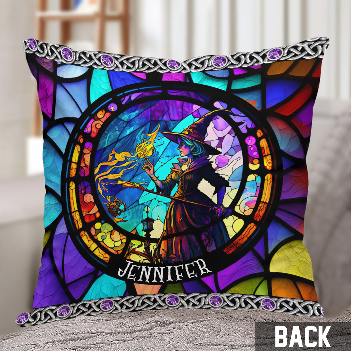 Beautiful Stained Glass Witch - Personalized Witch Throw Pillow