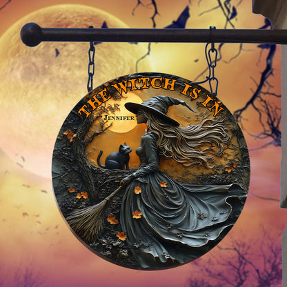Beautiful Witch & Her Black Cat - Personalized Witch Round Metal Sign