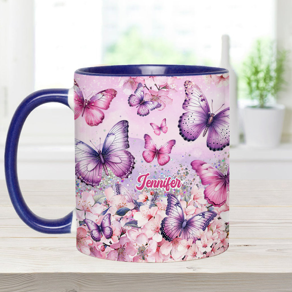 Pink Floral Butterfly - Personalized Butterfly Accent Mug