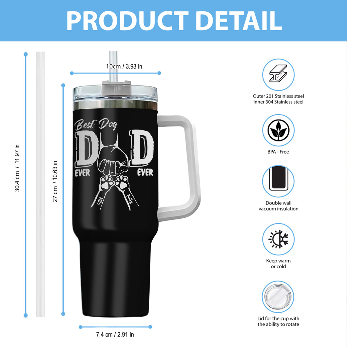 Best Dog Dad Ever - Personalized Dog Tumbler With Handle