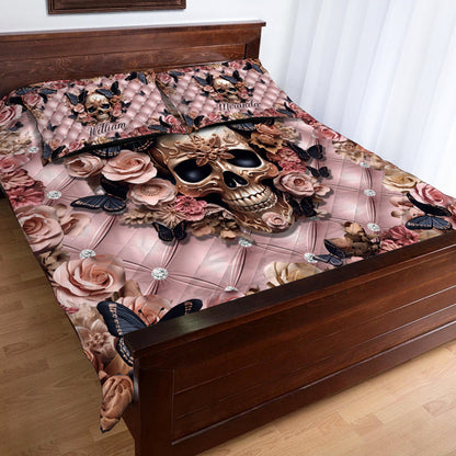 Pink Skull & Black Butterflies - Personalized Skull Quilt Set