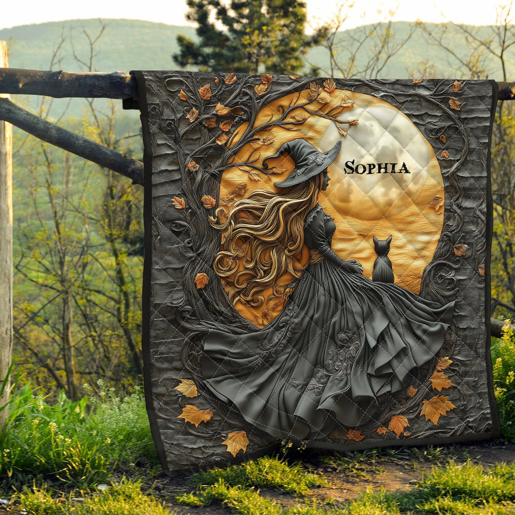 Beautiful Witch & Her Black Cat - Personalized Witch Quilt