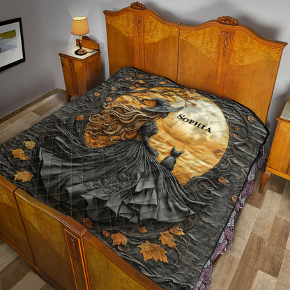 Beautiful Witch & Her Black Cat - Personalized Witch Quilt