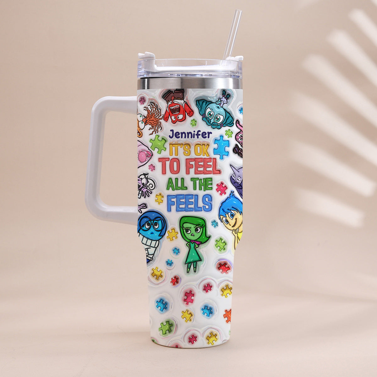 It's Ok To Feel All The Feels - Personalized Autism Awareness Tumbler With Handle